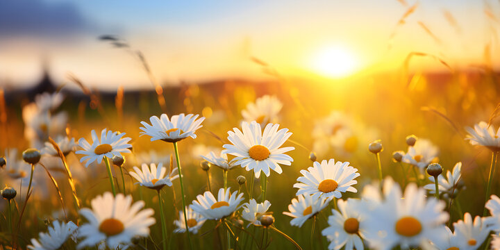 Tranquil spring summer nature closeup and blurred forest background.  Beautiful white daisies at sunset close up view