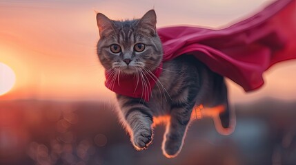 Kitty avenger in a red cape, darting across a pastel sunset, a whiskered guardian angel - obrazy, fototapety, plakaty