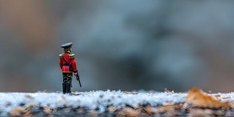 Tiny Toy Soldier Stands Rigid in Formal Military Pose on Isolated Background with Copy Space - obrazy, fototapety, plakaty