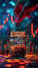 Hand dropping coins into a jar labeled Savings, against a backdrop of falling stocks. Economy Crash - obrazy, fototapety, plakaty