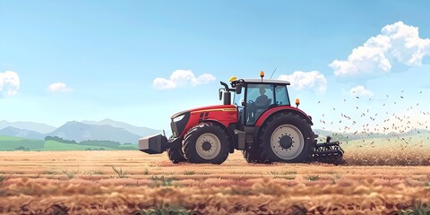 Fototapeta premium Tractor Plowing Through Fertile Fields Boosting Agricultural Productivity Amid Serene Countryside