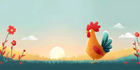 Fotobehang Cheerful Chicken Heralding the Dawn in Vibrant Pastoral Landscape © Thares2020