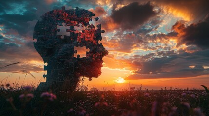 Dawn of comprehension: A puzzle piece head, completed just as the first light of dawn touches its contours - obrazy, fototapety, plakaty