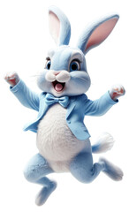 a cartoon Dancing rabbit with a blue suit and a blue shirt on it