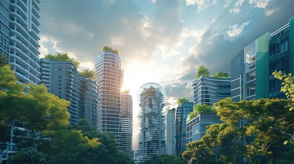 Fototapeta na wymiar Near future, skyscrapers, green spaces, high-rise buildings, condominiums, urban landscape. Generative AI.