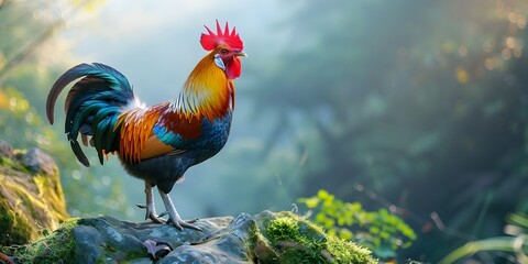 Proud Rooster Crowing at First Light Guarding the Acreage with Confidence and Elegance - obrazy, fototapety, plakaty