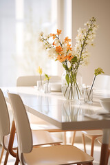 Loft style dining room. Dining table with chairs. Mock up interior photo. Chairs at dining table in dining room with flowers. Kitchen island and table in contemporary apartment interior.