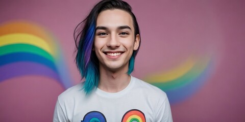 Attraactive gay wearing a rainbow shirt smiling against a colorful background with copy space.