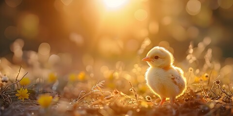 Chick Stepping into the Warm Glow of a Sunlit Dawn in a Lush Meadow New Life Blossoming with Soft Feathers and Curious Wonder - obrazy, fototapety, plakaty