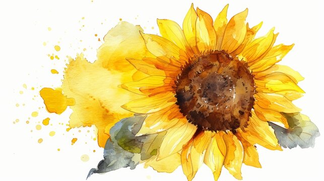 Watercolor sunflower clipart with bold yellow petals and a brown center