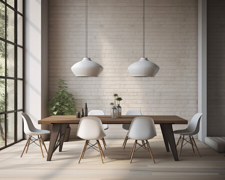 Loft style dining room. Dining table with chairs. Mock up interior photo. Chairs at dining table in dining room with flowers. Kitchen island and table in contemporary apartment interior.