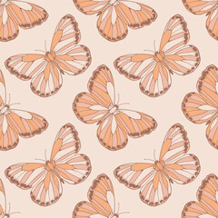 Seamless pattern with butterflies in pastel colors. Vector illustration in boho style. - obrazy, fototapety, plakaty