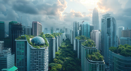 Near future, skyscrapers, green spaces, high-rise buildings, condominiums, urban landscape. Generative AI.