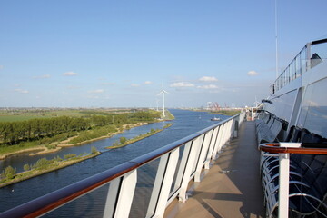 On the upper deck of a large ocean liner.