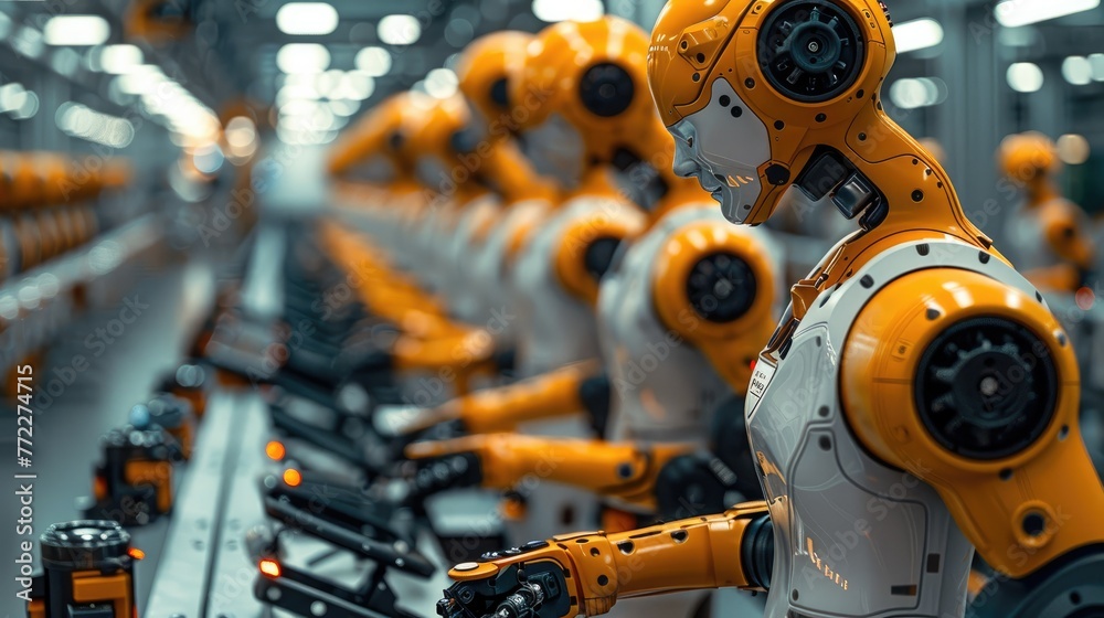 Leinwandbilder Several robotic manipulators from different sides assemble and spare parts at the factory. Generative AI.