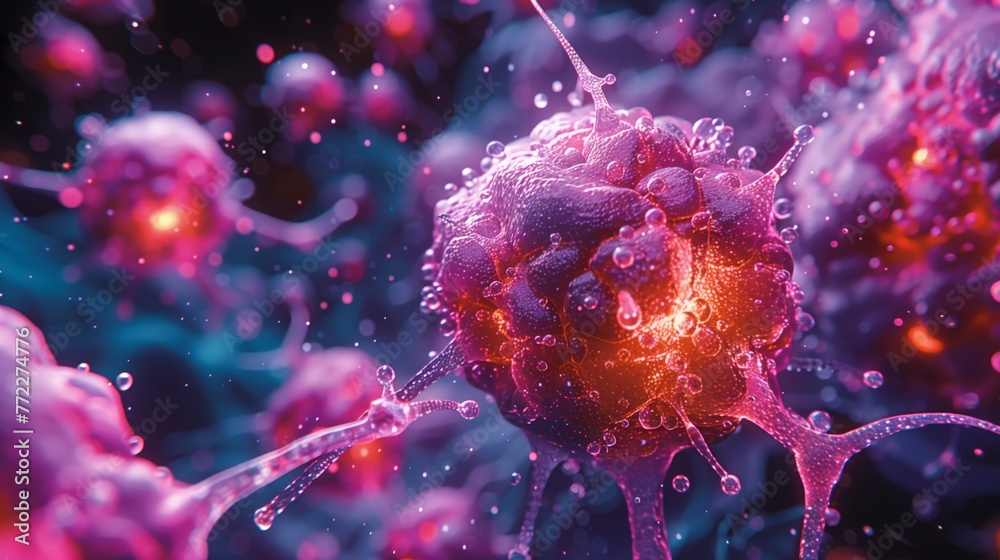 Poster Close-Up View of a Colorful Viral Particle in a Microscopic Landscape
