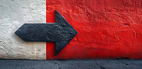 Black 3d arrow sign on white and red wall: textured 3d black arrow pointing right, mounted on a wall with white and red segments - obrazy, fototapety, plakaty