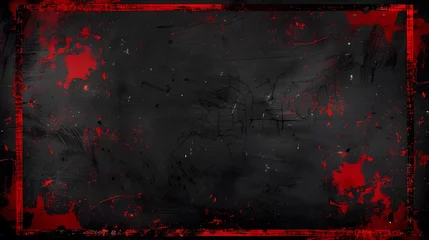 Fotobehang Dynamic red distressed border on isolated black backdrop, striking red paint strokes on black wall © artestdrawing
