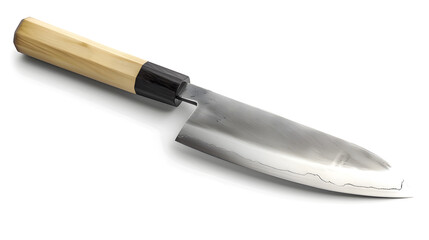 A fine Japanese Sentoku knife with a wooden handle and a silver blade isolated on a white background - obrazy, fototapety, plakaty