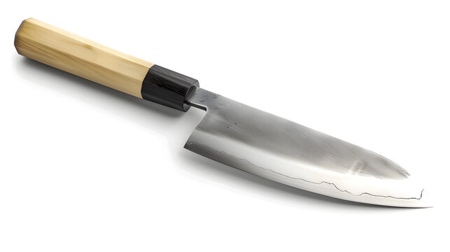 A fine Japanese Sentoku knife with a wooden handle and a silver blade isolated on a white background