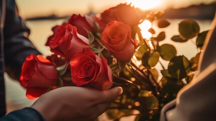 Close-up of a man giving a bouquet of flowers, red roses to his beloved woman, Girlfriend, Girlfriend at sunset. Romantic lifestyle, Date, Marriage Proposal, Honeymoon, relationship, feelings concept - obrazy, fototapety, plakaty