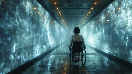 Serene Moment: Person in Wheelchair Amidst a Luminous Aquatic Display