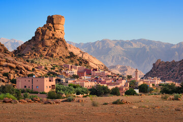Tafraout town and Napoleon's hat rock in Atlas mountains, Morocco - obrazy, fototapety, plakaty