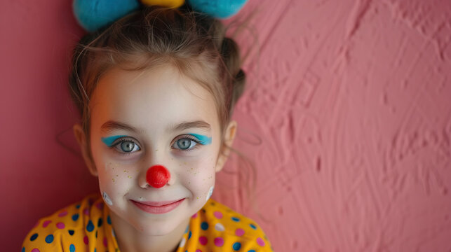 a cute young girl with joker face makeup or paint on pink background, World Circus Day. Holiday concept. Template for background, banner, card, poster 