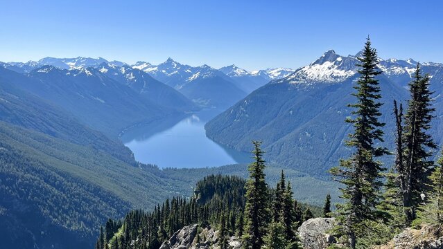 Scenic aerial view of Chilliwack Lake surrounded by majestic mountains. BC, Canada.
