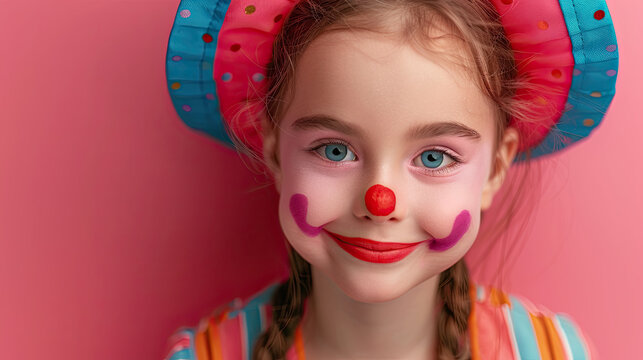 a cute young girl with joker face makeup or paint on pink background, World Circus Day. Holiday concept. Template for background, banner, card, poster 