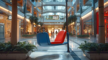A swing is placed at the entrance of the shopping mall. Generative AI. - obrazy, fototapety, plakaty