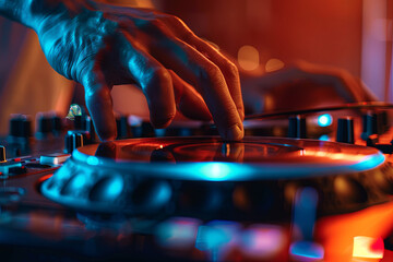 Working Disc jockey at party. Detail of a disc jockey hands
