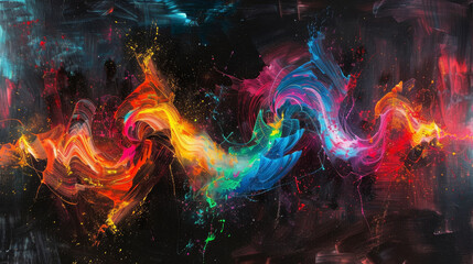 Vibrant energy and sound wave collision, abstract art on a dark canvas,