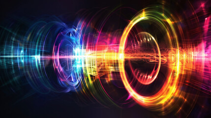 Vibrant circular sound wave energy flow with rainbow light effects, dark background