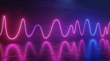 Minimalist sound wave model with neon energy pulses, stark against dark,