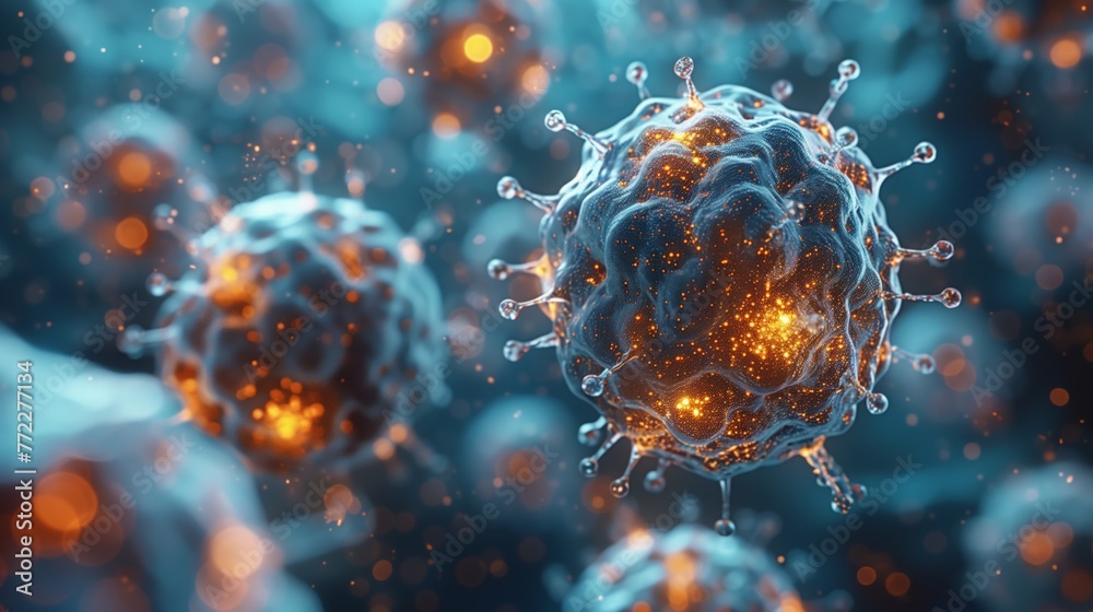 Aufkleber close-up view of glowing viruses against a dark background