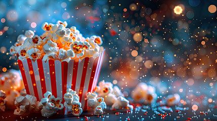 World Circus Day. Holiday concept. popcorns closeup in circus show , theatre, or cinema blur background, banner, card, poster 