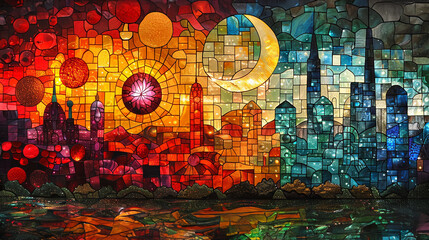 Three vibrant stained glass windows set in an old stone wall, displaying a mosaic of colorful patterns.