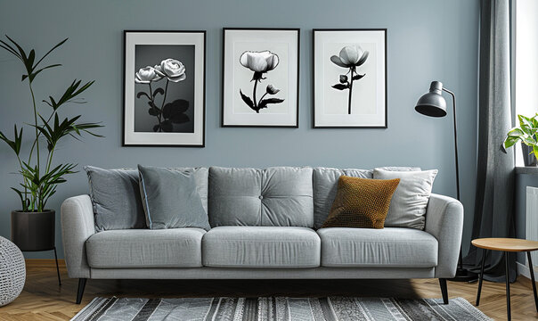 picture frames on the wall above the grey sofa