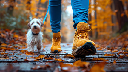 Ground perspective of a person with bright yellow boots walking alongside a fluffy dog on a wooden path strewn with autumn leaves - obrazy, fototapety, plakaty