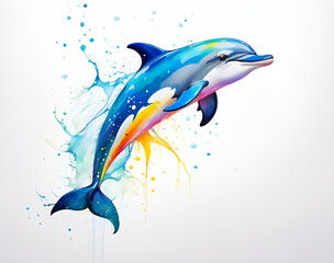 Colorful dolphins swimming in a colorful background, illustrated by illustrators of dolphins in the sea - obrazy, fototapety, plakaty