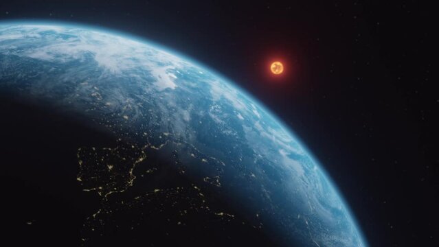 3D render of the planet earth spinning in orbit with the glowing sun nearby