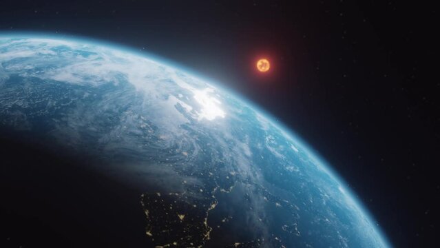 3D render of the planet earth spinning in orbit with the glowing sun nearby