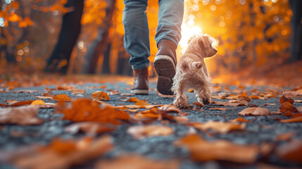 A cheerful small dog and owner trotting on a wet autumn path, a cozy scene of pet companionship in drizzly weather - obrazy, fototapety, plakaty