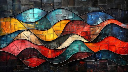 An intricate abstract painting featuring wavy forms and a warm color palette of red, orange, and black.