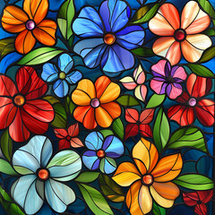 Fototapeta na wymiar Bright and colorful floral mosaic made from stained glass, featuring a variety of flower designs.