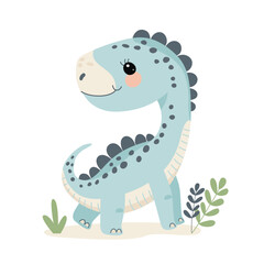 Cute cartoon blue dinosaur. Vector illustration isolated on white background.