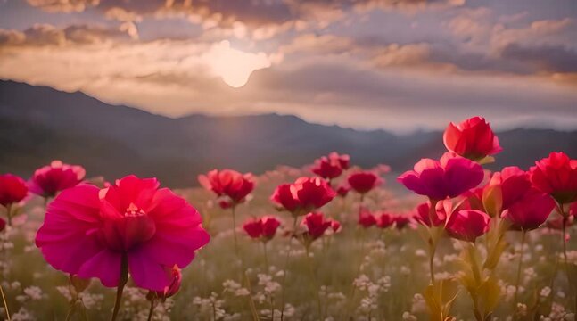 A Field of Crimson Blooms Bathed in the Golden Glow of Sunset