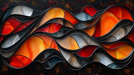 An intricate abstract painting featuring wavy forms and a warm color palette of red, orange, and black.