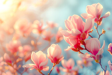 Spring flower backdrop with pink blossoming magnolia flowers on clear blue sky background with...